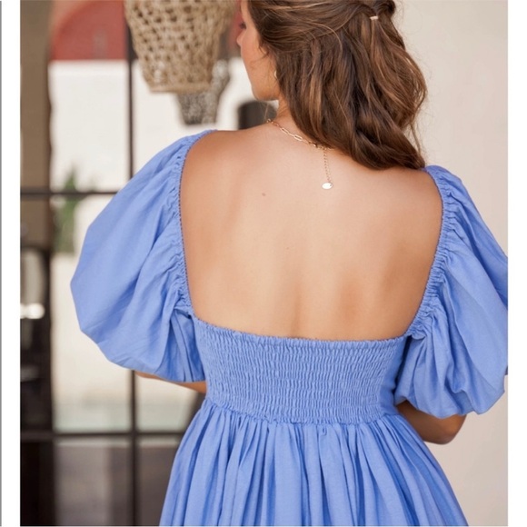 ELF Linen Handmade Puff Sleeve Blue Smocked Milkmaid Dress SIZE LARGE - Picture 5 of 9